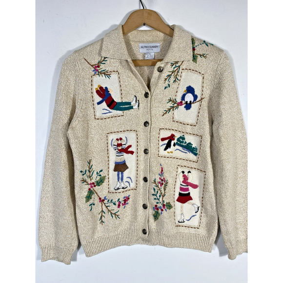 Alfred Dunner Christmas Cardigan Sweater PS Embroidered Ski Old Money Preppy Vtg - Picture 3 of 16